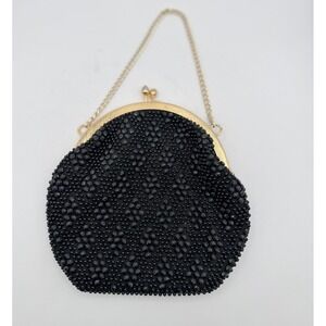 Vintage Black Beaded Evening Clutch Gold Frame Kiss Lock Small Black Very Good